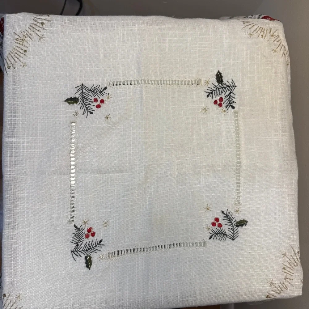 Vintage Embroidered Christmas Tablecloth Bells Poinsettia Holly Hemstitch 33x33